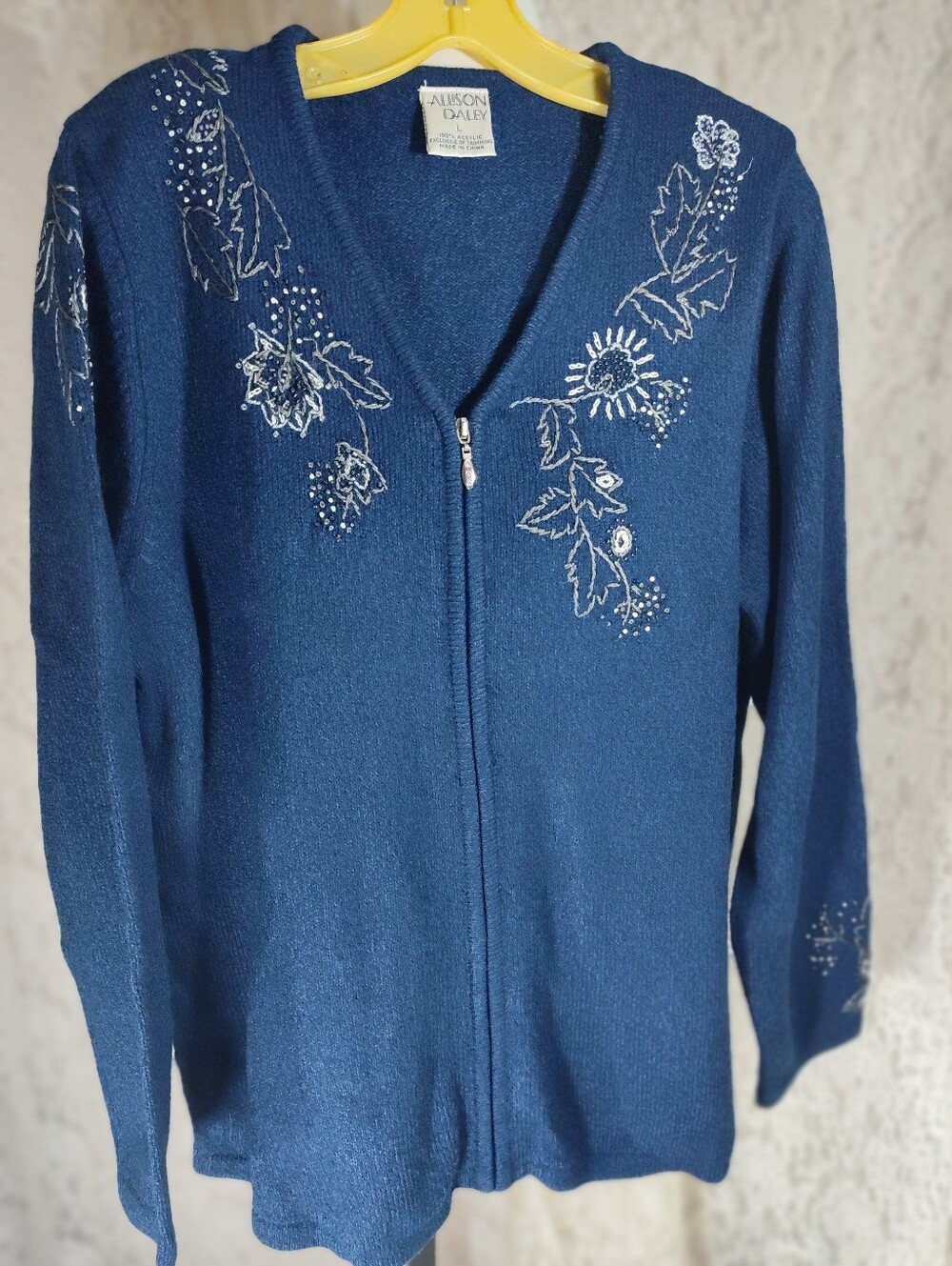 Allison Daley Blue Zip-Front Cardigan with White Floral Embroidery Sz L